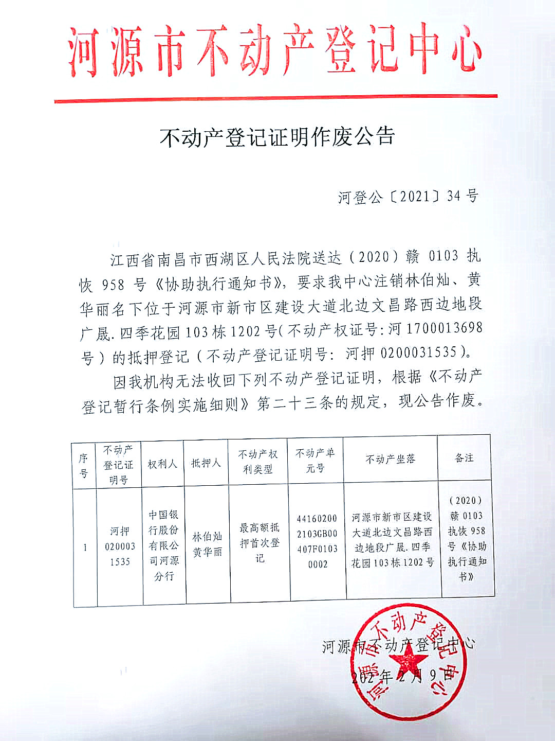 不动产登记证明作废公告河登公202134号