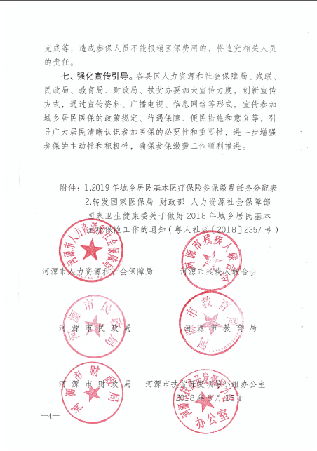河源市人力资源和社会保障局等六部门关于做好2019年城乡居民基本莫