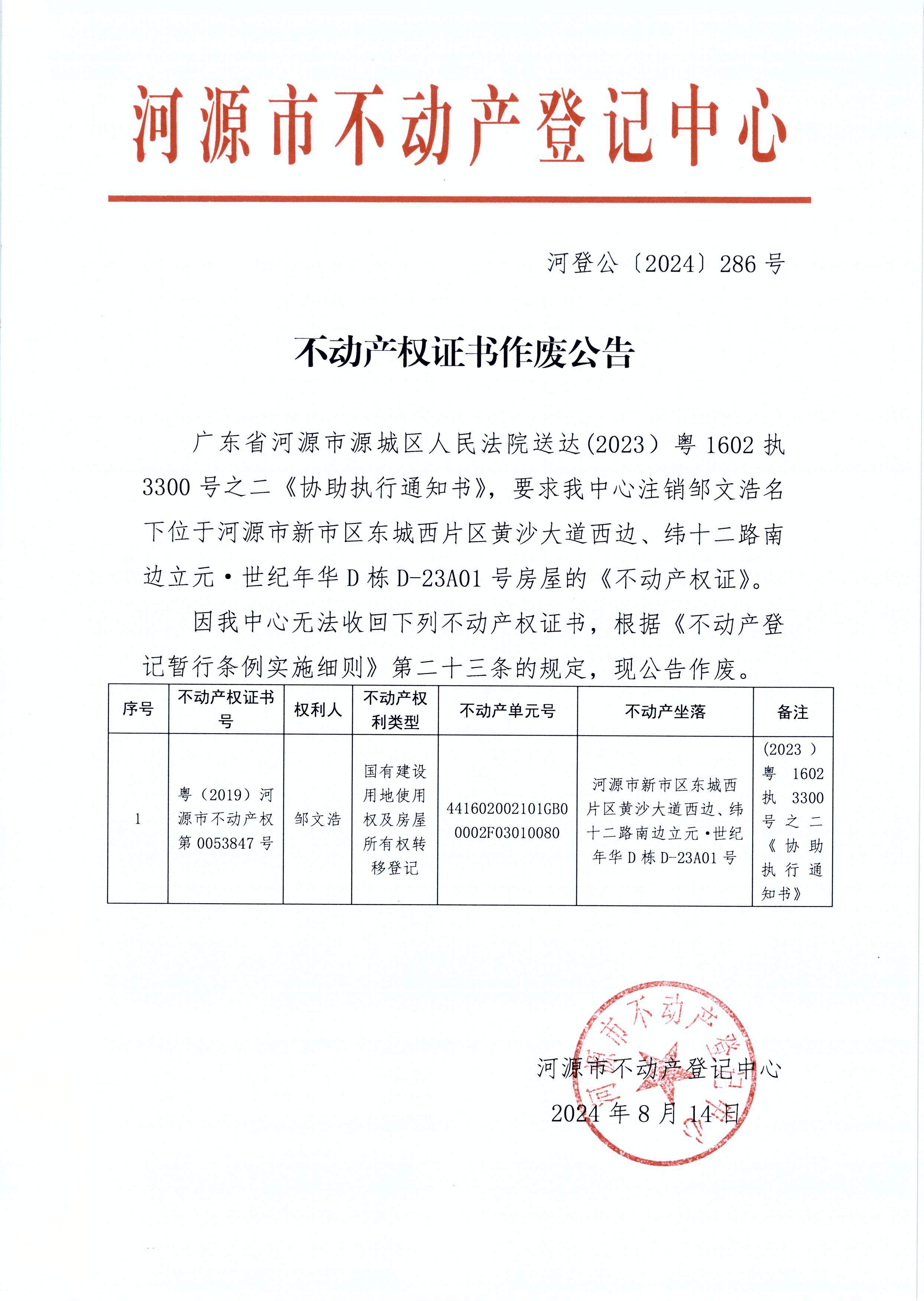 不动产权证书作废公告——河登公〔2024〕286号